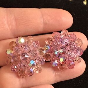 Vintage Elegant Pink Crystal Cluster Clip On Earrings